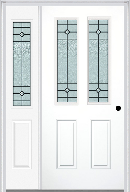 MMI 2-1/2 Lite 2 Panel 6'8" Fiberglass Smooth Beaufort Patina Exterior Prehung Door With 1 Half Lite Beaufort Patina Decorative Glass Sidelight 692