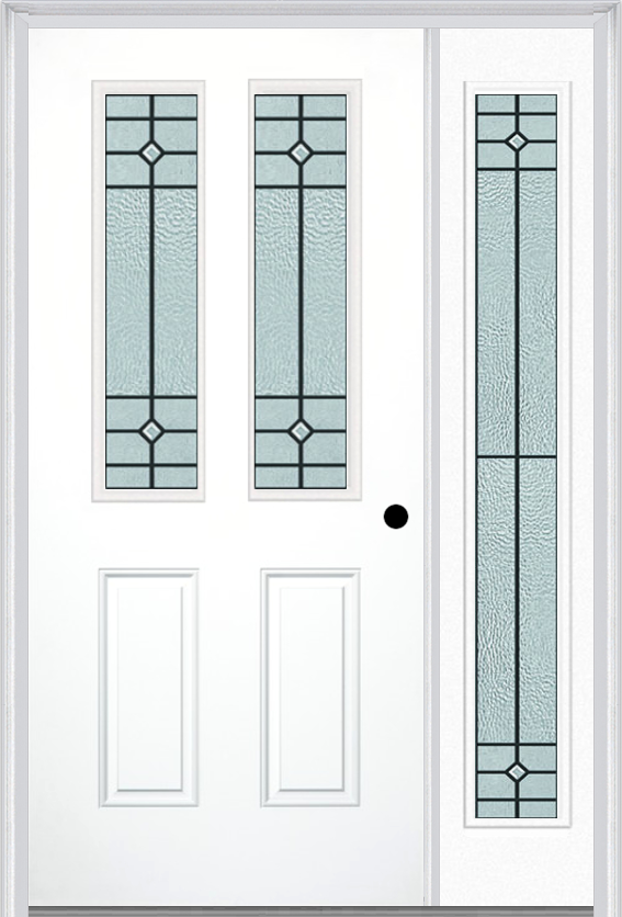 MMI 2-1/2 Lite 2 Panel 6'8" Fiberglass Smooth Beaufort Patina Exterior Prehung Door With 1 Full Lite Beaufort Patina Decorative Glass Sidelight 692