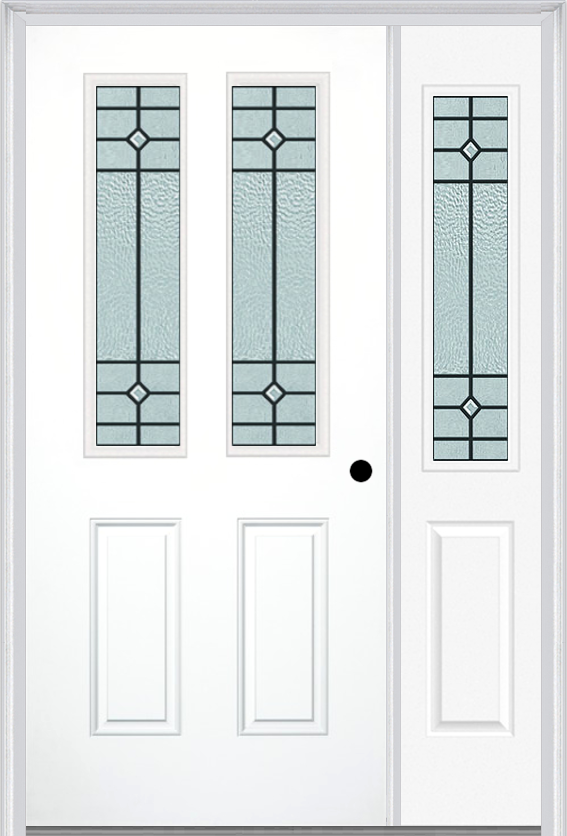 MMI 2-1/2 Lite 2 Panel 6'8" Fiberglass Smooth Beaufort Patina Exterior Prehung Door With 1 Half Lite Beaufort Patina Decorative Glass Sidelight 692