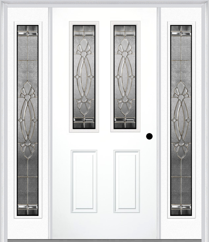 MMI 2-1/2 Lite 2 Panel 6'8" Fiberglass Smooth Belaire Zinc Exterior Prehung Door With 2 Full Lite Belaire Zinc Decorative Glass Sidelights 692