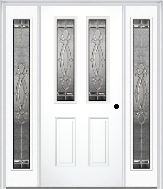 MMI 2-1/2 Lite 2 Panel 6'8" Fiberglass Smooth Belaire Zinc Exterior Prehung Door With 2 Full Lite Belaire Zinc Decorative Glass Sidelights 692
