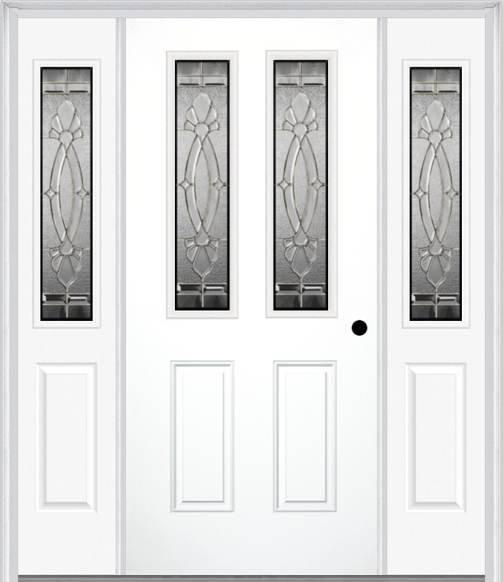 MMI 2-1/2 Lite 2 Panel 6'8" Fiberglass Smooth Belaire Zinc Exterior Prehung Door With 2 Half Lite Belaire Zinc Decorative Glass Sidelights 692
