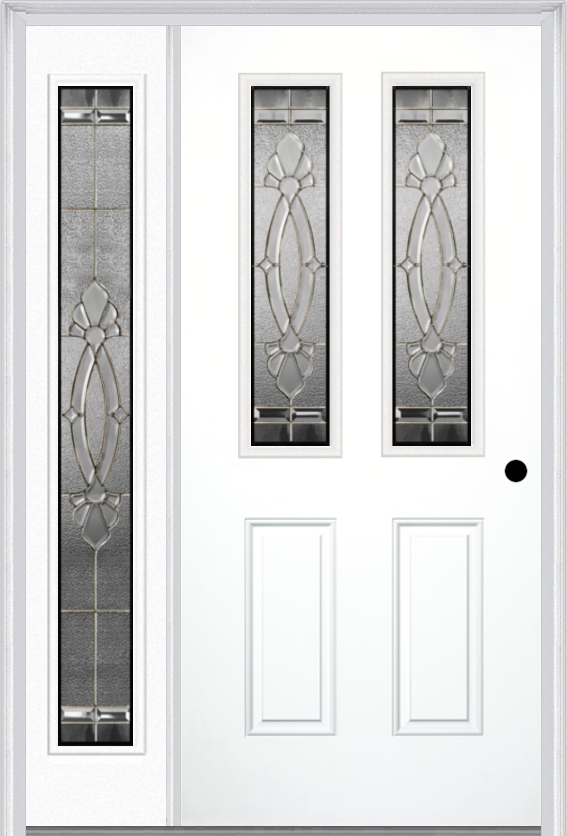 MMI 2-1/2 Lite 2 Panel 6'8" Fiberglass Smooth Belaire Zinc Exterior Prehung Door With 1 Full Lite Belaire Zinc Decorative Glass Sidelight 692