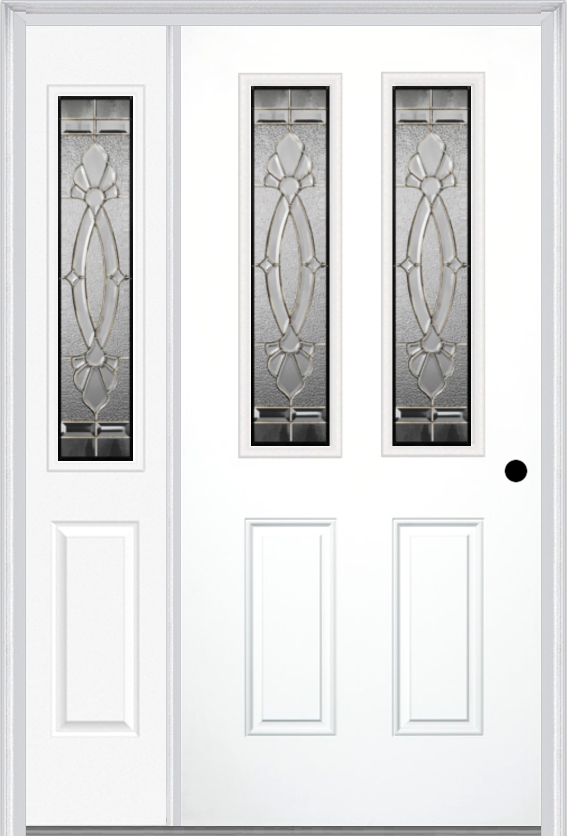 MMI 2-1/2 Lite 2 Panel 6'8" Fiberglass Smooth Belaire Zinc Exterior Prehung Door With 1 Half Lite Belaire Zinc Decorative Glass Sidelight 692