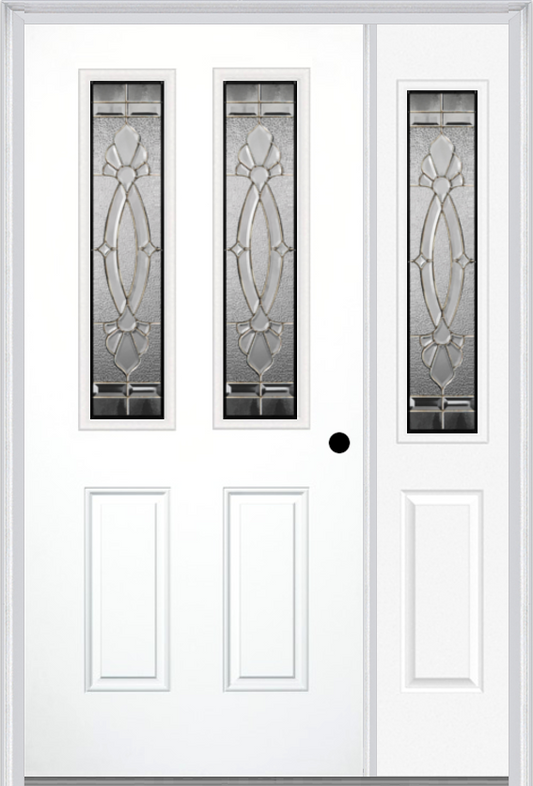 MMI 2-1/2 Lite 2 Panel 6'8" Fiberglass Smooth Belaire Zinc Exterior Prehung Door With 1 Half Lite Belaire Zinc Decorative Glass Sidelight 692
