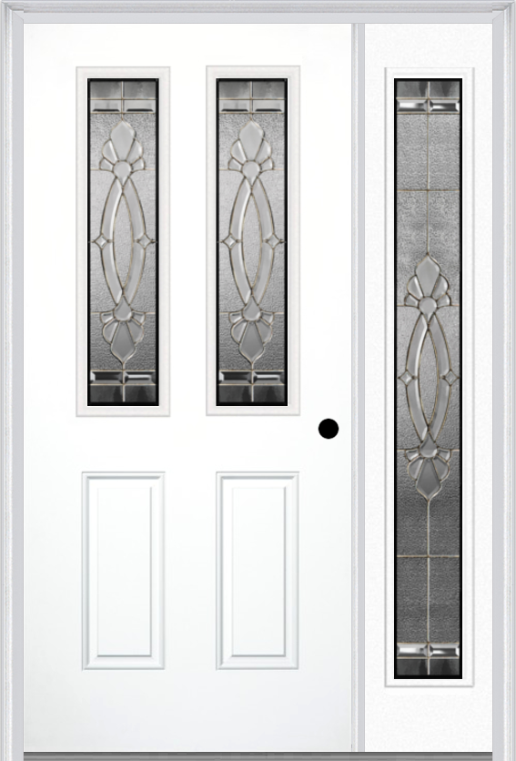 MMI 2-1/2 Lite 2 Panel 6'8" Fiberglass Smooth Belaire Zinc Exterior Prehung Door With 1 Full Lite Belaire Zinc Decorative Glass Sidelight 692
