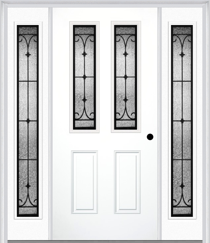 MMI 2-1/2 Lite 2 Panel 6'8" Fiberglass Smooth Chateau Wrought Iron Exterior Prehung Door With 2 Full Lite Chateau Wrought Iron Decorative Glass Sidelights 692
