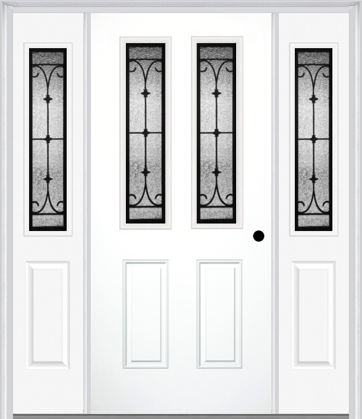MMI 2-1/2 Lite 2 Panel 6'8" Fiberglass Smooth Chateau Wrought Iron Exterior Prehung Door With 2 Half Lite Chateau Wrought Iron Decorative Glass Sidelights 692