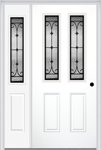 MMI 2-1/2 Lite 2 Panel 6'8" Fiberglass Smooth Chateau Wrought Iron Exterior Prehung Door With 1 Half Lite Chateau Wrought Iron Decorative Glass Sidelight 692