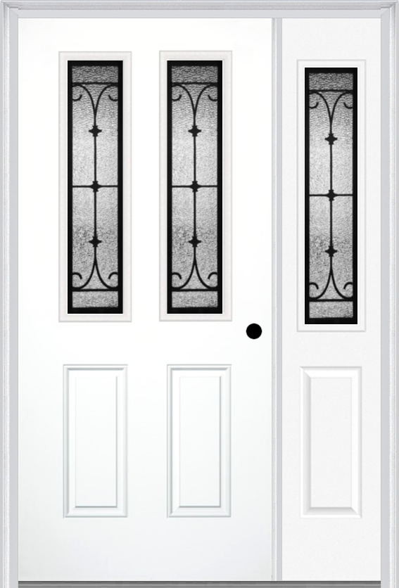 MMI 2-1/2 Lite 2 Panel 6'8" Fiberglass Smooth Chateau Wrought Iron Exterior Prehung Door With 1 Half Lite Chateau Wrought Iron Decorative Glass Sidelight 692