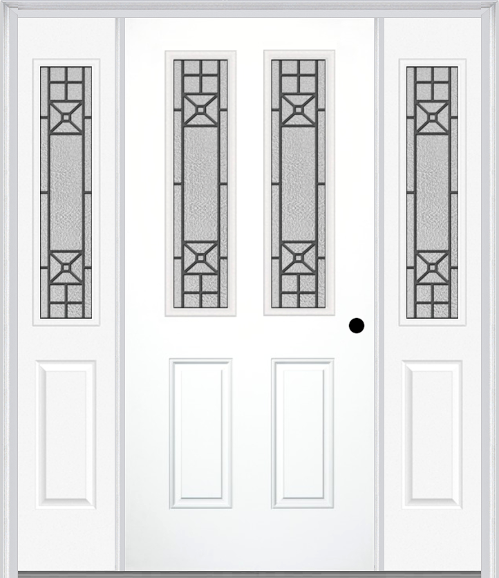 MMI 2-1/2 Lite 2 Panel 6'8" Fiberglass Smooth Courtyard Nickel Vein Wrought Iron Exterior Prehung Door With 2 Half Lite Courtyard Nickel Vein Wrought Iron Decorative Glass Sidelights 692