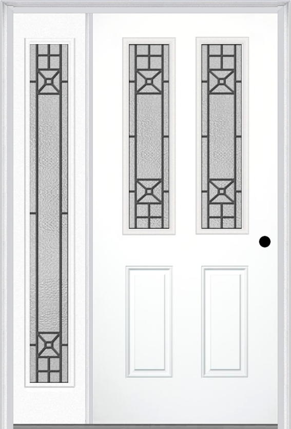 MMI 2-1/2 Lite 2 Panel 6'8" Fiberglass Smooth Courtyard Nickel Vein Wrought Iron Exterior Prehung Door With 1 Full Lite Courtyard Nickel Vein Wrought Iron Decorative Glass Sidelight 692
