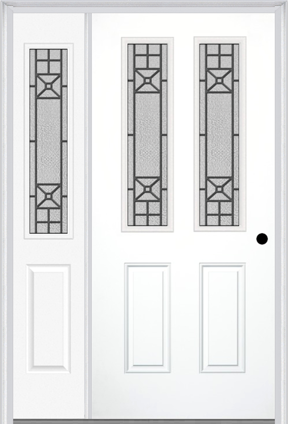 MMI 2-1/2 Lite 2 Panel 6'8" Fiberglass Smooth Courtyard Nickel Vein Wrought Iron Exterior Prehung Door With 1 Half Lite Courtyard Nickel Vein Wrought Iron Decorative Glass Sidelight 692