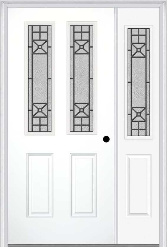 MMI 2-1/2 Lite 2 Panel 6'8" Fiberglass Smooth Courtyard Nickel Vein Wrought Iron Exterior Prehung Door With 1 Half Lite Courtyard Nickel Vein Wrought Iron Decorative Glass Sidelight 692