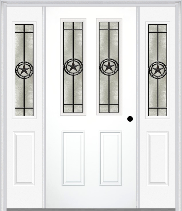 MMI 2-1/2 Lite 2 Panel 6'8" Fiberglass Smooth Elegant Star Wrought Iron Exterior Prehung Door With 2 Half Lite Elegant Star Wrought Iron Decorative Glass Sidelights 692