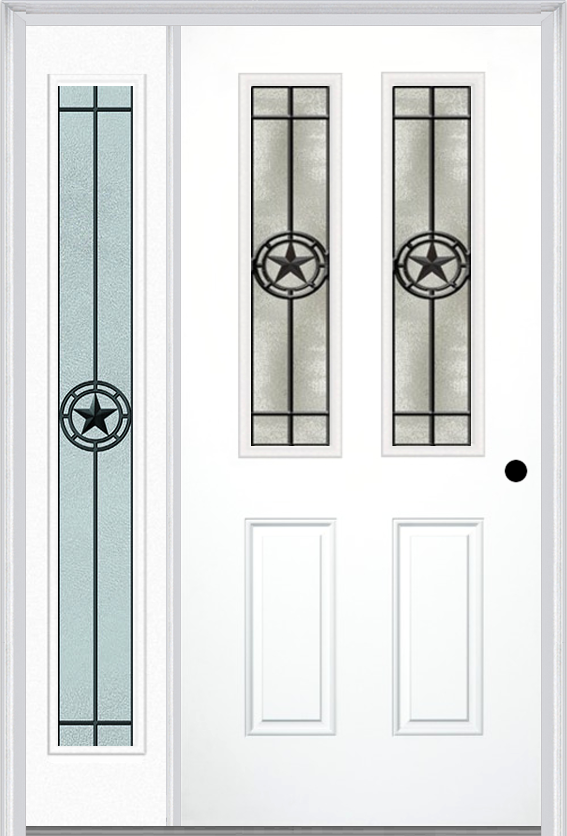 MMI 2-1/2 Lite 2 Panel 6'8" Fiberglass Smooth Elegant Star Wrought Iron Exterior Prehung Door With 1 Full Lite Elegant Star Wrought Iron Decorative Glass Sidelight 692