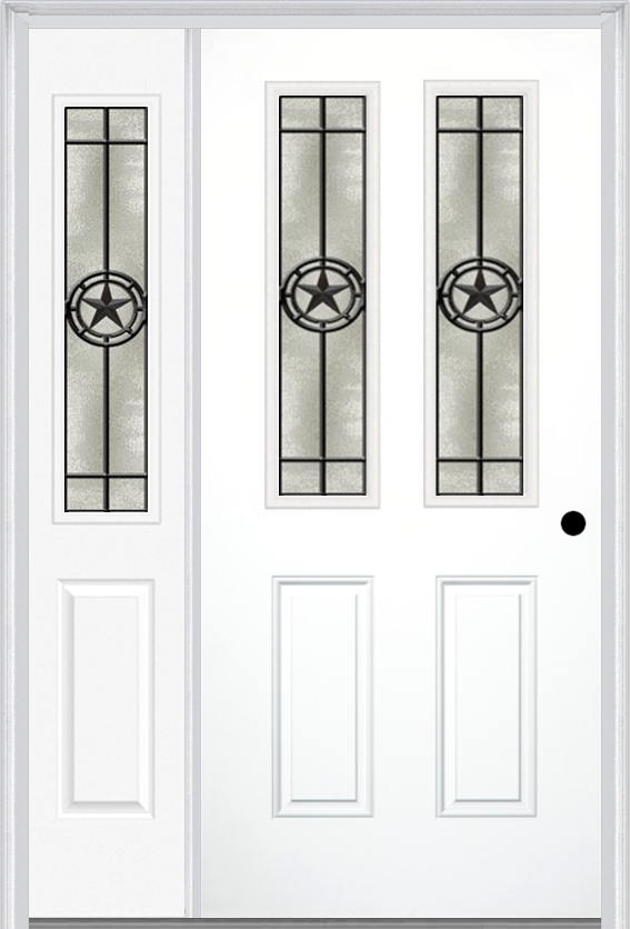 MMI 2-1/2 Lite 2 Panel 6'8" Fiberglass Smooth Elegant Star Wrought Iron Exterior Prehung Door With 1 Half Lite Elegant Star Wrought Iron Decorative Glass Sidelight 692