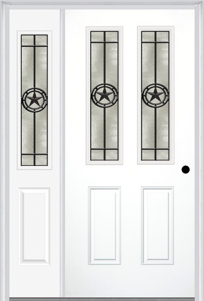 MMI 2-1/2 Lite 2 Panel 6'8" Fiberglass Smooth Elegant Star Wrought Iron Exterior Prehung Door With 1 Half Lite Elegant Star Wrought Iron Decorative Glass Sidelight 692