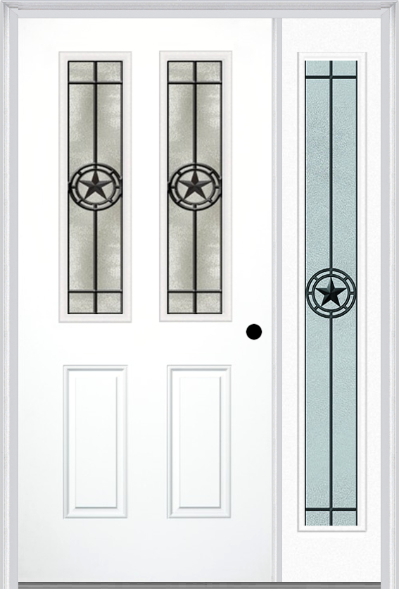 MMI 2-1/2 Lite 2 Panel 6'8" Fiberglass Smooth Elegant Star Wrought Iron Exterior Prehung Door With 1 Full Lite Elegant Star Wrought Iron Decorative Glass Sidelight 692