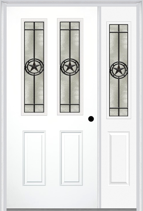 MMI 2-1/2 Lite 2 Panel 6'8" Fiberglass Smooth Elegant Star Wrought Iron Exterior Prehung Door With 1 Half Lite Elegant Star Wrought Iron Decorative Glass Sidelight 692