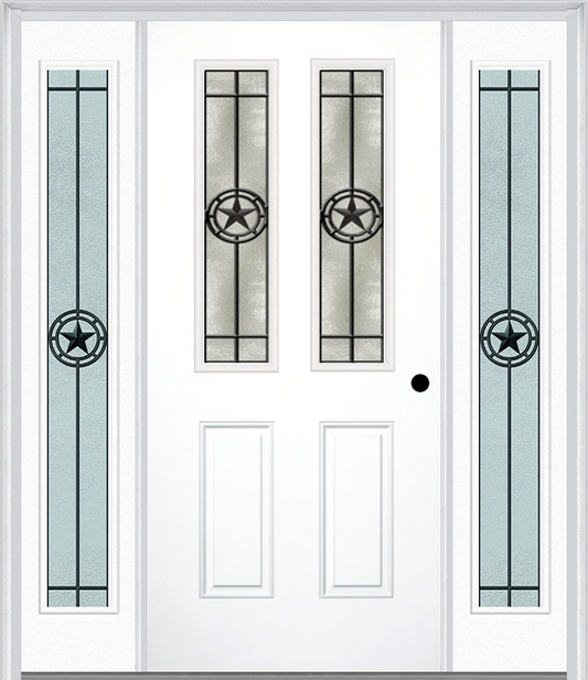 MMI 2-1/2 Lite 2 Panel 6'8" Fiberglass Smooth Elegant Star Wrought Iron Exterior Prehung Door With 2 Full Lite Elegant Star Wrought Iron Decorative Glass Sidelights 692