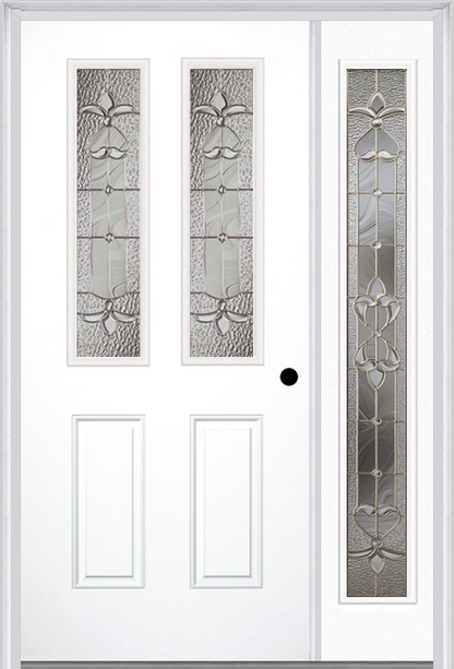 MMI 2-1/2 Lite 2 Panel 6'8" Fiberglass Smooth Expressions Satin Nickel Exterior Prehung Door With 1 Full Lite Expressions Satin Nickel Decorative Glass Sidelight 692