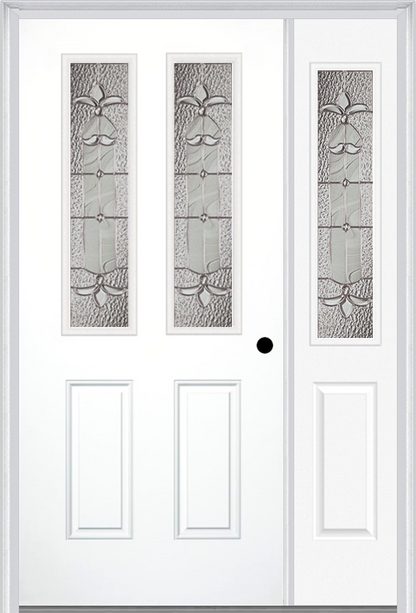 MMI 2-1/2 Lite 2 Panel 6'8" Fiberglass Smooth Expressions Satin Nickel Exterior Prehung Door With 1 Half Lite Expressions Satin Nickel Decorative Glass Sidelight 692