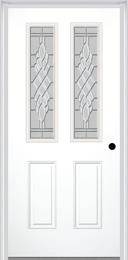 MMI 2-1/2 Lite 2 Panel 6'8" Fiberglass Smooth Grace Nickel Or Grace Patina Decorative Glass Exterior Prehung Door 692