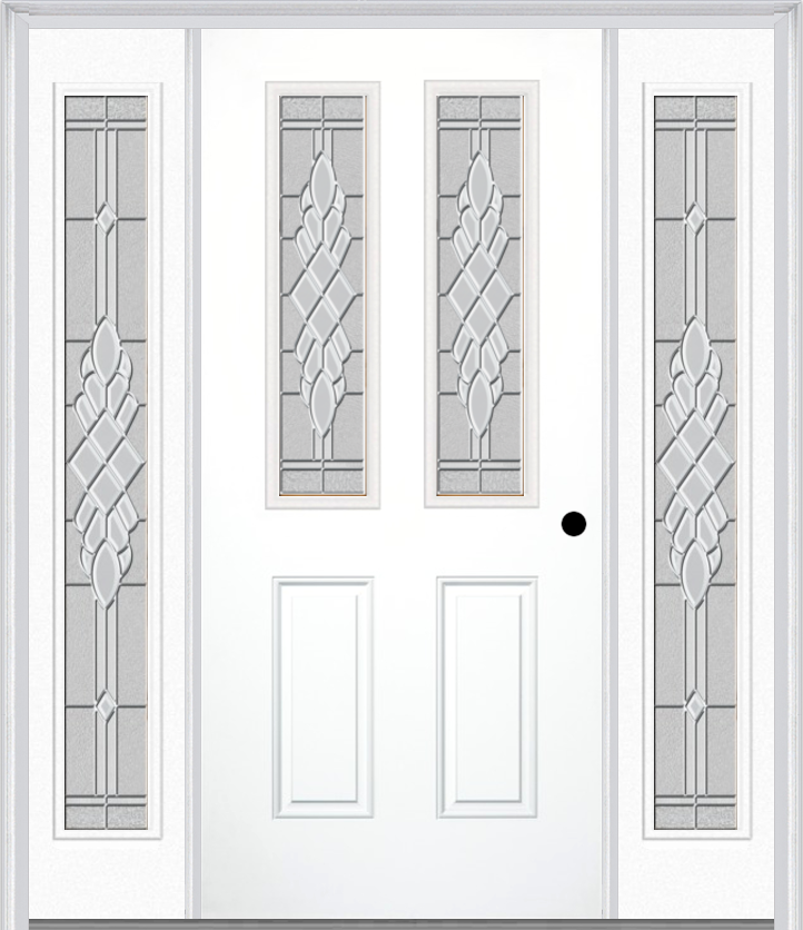 MMI 2-1/2 Lite 2 Panel 6'8" Fiberglass Smooth Grace Nickel Or Grace Patina Exterior Prehung Door With 2 Full Lite Grace Nickel/Patina Decorative Glass Sidelights 692