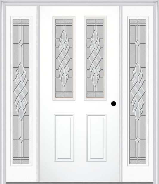 MMI 2-1/2 Lite 2 Panel 6'8" Fiberglass Smooth Grace Nickel Or Grace Patina Exterior Prehung Door With 2 Full Lite Grace Nickel/Patina Decorative Glass Sidelights 692