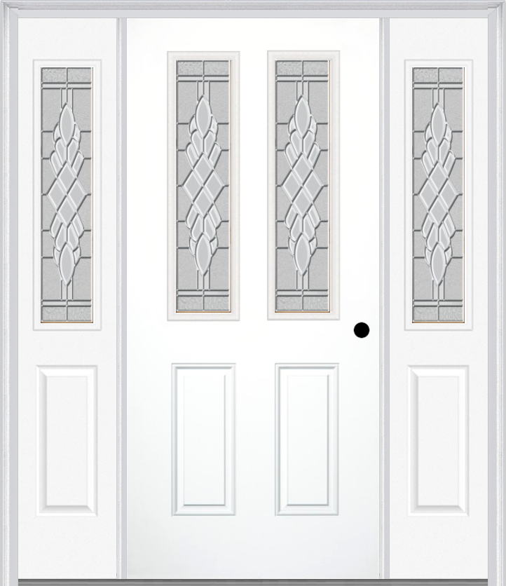 MMI 2-1/2 Lite 2 Panel 6'8" Fiberglass Smooth Grace Nickel Or Grace Patina Exterior Prehung Door With 2 Half Lite Grace Nickel/Patina Decorative Glass Sidelights 692