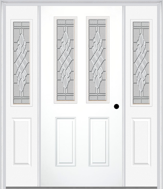 MMI 2-1/2 Lite 2 Panel 6'8" Fiberglass Smooth Grace Nickel Or Grace Patina Exterior Prehung Door With 2 Half Lite Grace Nickel/Patina Decorative Glass Sidelights 692
