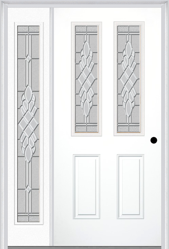 MMI 2-1/2 Lite 2 Panel 3'0" X 6'8" Fiberglass Smooth Grace Nickel Or Grace Patina Exterior Prehung Door With 1 Full Lite Grace Nickel/Patina Decorative Glass Sidelight 692