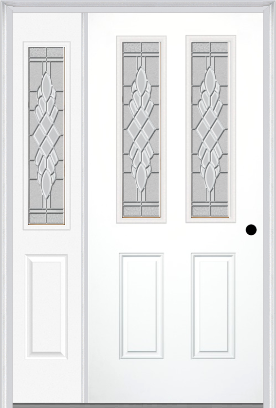 MMI 2-1/2 Lite 2 Panel 3'0" X 6'8" Fiberglass Smooth Grace Nickel Or Grace Patina Exterior Prehung Door With 1 Half Lite Grace Nickel/Patina Decorative Glass Sidelight 692