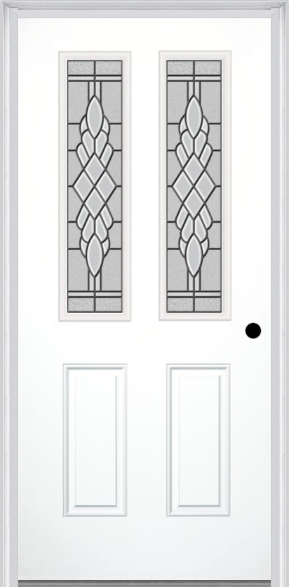 MMI 2-1/2 Lite 2 Panel 6'8" Fiberglass Smooth Grace Nickel Or Grace Patina Decorative Glass Exterior Prehung Door 692