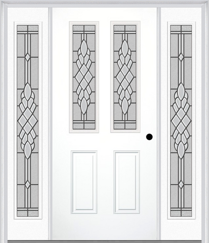 MMI 2-1/2 Lite 2 Panel 6'8" Fiberglass Smooth Grace Nickel Or Grace Patina Exterior Prehung Door With 2 Full Lite Grace Nickel/Patina Decorative Glass Sidelights 692