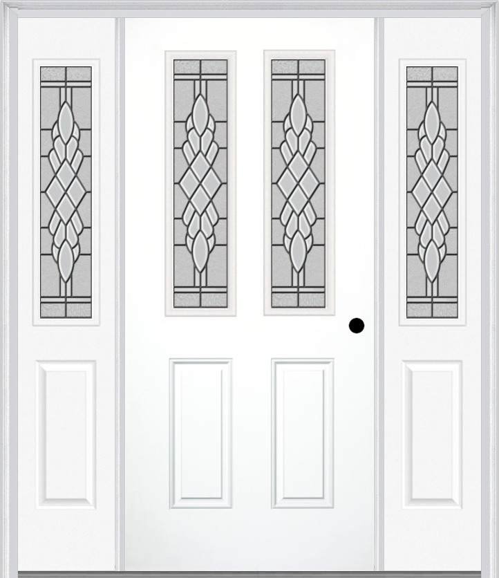 MMI 2-1/2 Lite 2 Panel 6'8" Fiberglass Smooth Grace Nickel Or Grace Patina Exterior Prehung Door With 2 Half Lite Grace Nickel/Patina Decorative Glass Sidelights 692