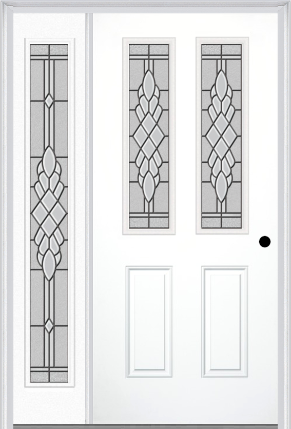 MMI 2-1/2 Lite 2 Panel 3'0" X 6'8" Fiberglass Smooth Grace Nickel Or Grace Patina Exterior Prehung Door With 1 Full Lite Grace Nickel/Patina Decorative Glass Sidelight 692