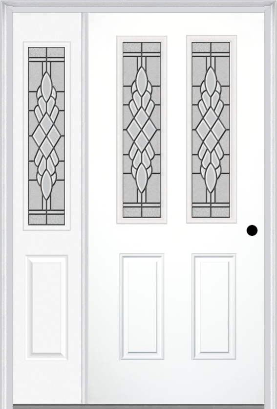 MMI 2-1/2 Lite 2 Panel 3'0" X 6'8" Fiberglass Smooth Grace Nickel Or Grace Patina Exterior Prehung Door With 1 Half Lite Grace Nickel/Patina Decorative Glass Sidelight 692