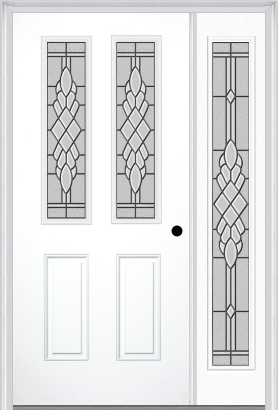 MMI 2-1/2 Lite 2 Panel 3'0" X 6'8" Fiberglass Smooth Grace Nickel Or Grace Patina Exterior Prehung Door With 1 Full Lite Grace Nickel/Patina Decorative Glass Sidelight 692