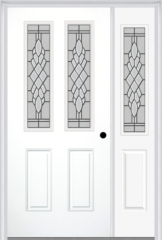 MMI 2-1/2 Lite 2 Panel 3'0" X 6'8" Fiberglass Smooth Grace Nickel Or Grace Patina Exterior Prehung Door With 1 Half Lite Grace Nickel/Patina Decorative Glass Sidelight 692