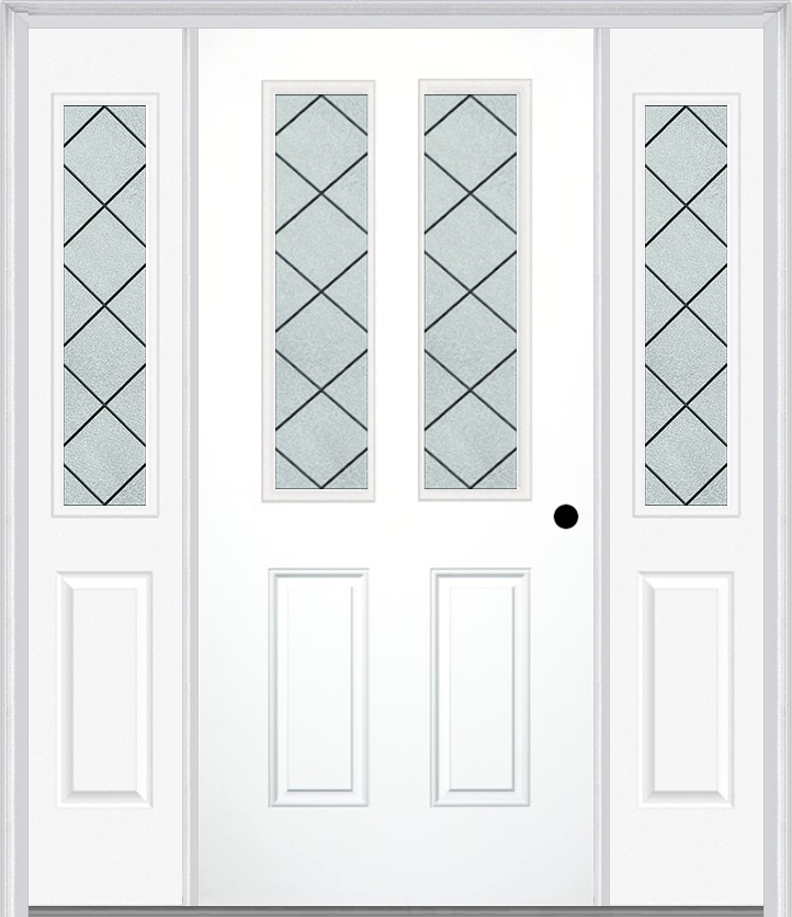 MMI 2-1/2 Lite 2 Panel 6'8" Fiberglass Smooth Harris Patina Exterior Prehung Door With 2 Half Lite Harris Patina Decorative Glass Sidelights 692