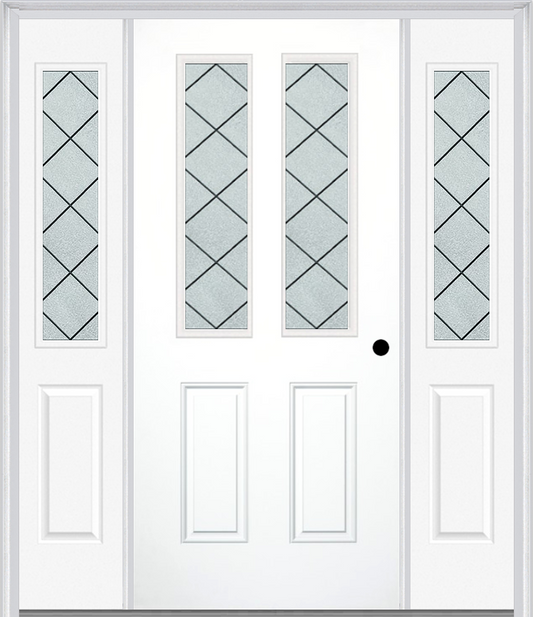 MMI 2-1/2 Lite 2 Panel 6'8" Fiberglass Smooth Harris Patina Exterior Prehung Door With 2 Half Lite Harris Patina Decorative Glass Sidelights 692