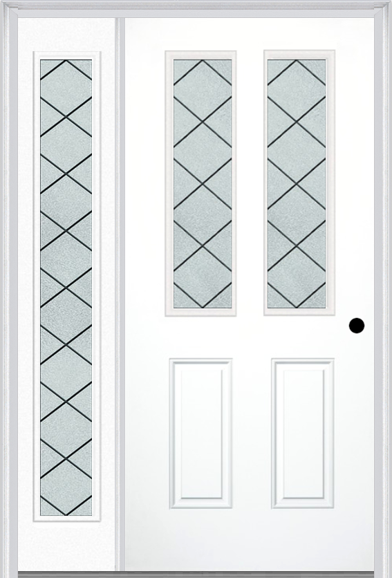 MMI 2-1/2 Lite 2 Panel 6'8" Fiberglass Smooth Harris Patina Exterior Prehung Door With 1 Full Lite Harris Patina Decorative Glass Sidelight 692