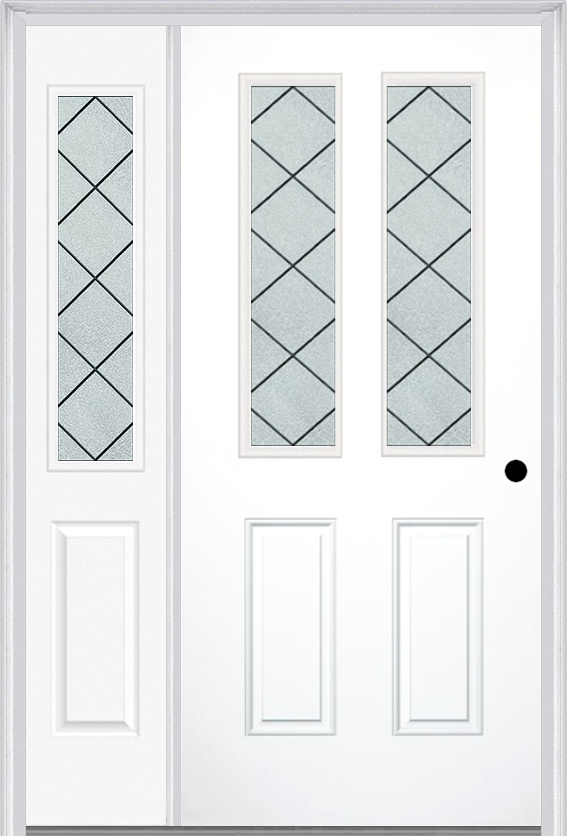 MMI 2-1/2 Lite 2 Panel 6'8" Fiberglass Smooth Harris Patina Exterior Prehung Door With 1 Half Lite Harris Patina Decorative Glass Sidelight 692