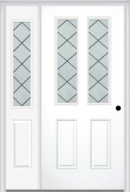 MMI 2-1/2 Lite 2 Panel 6'8" Fiberglass Smooth Harris Patina Exterior Prehung Door With 1 Half Lite Harris Patina Decorative Glass Sidelight 692