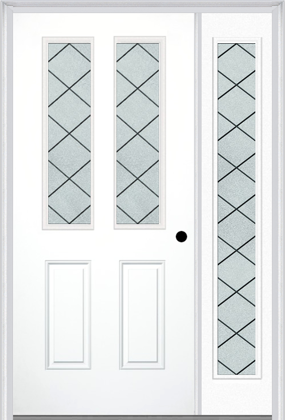 MMI 2-1/2 Lite 2 Panel 6'8" Fiberglass Smooth Harris Patina Exterior Prehung Door With 1 Full Lite Harris Patina Decorative Glass Sidelight 692