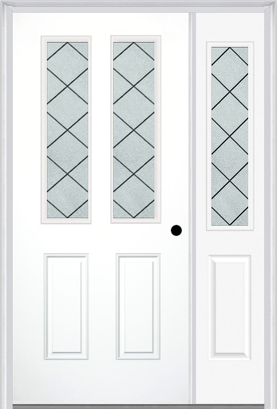 MMI 2-1/2 Lite 2 Panel 6'8" Fiberglass Smooth Harris Patina Exterior Prehung Door With 1 Half Lite Harris Patina Decorative Glass Sidelight 692