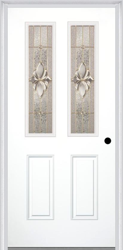 MMI 2-1/2 Lite 2 Panel 6'8" Fiberglass Smooth Heirlooms Brass Or Heirlooms Satin Nickel Decorative Glass Exterior Prehung Door 692