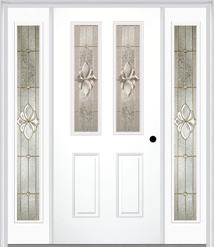 MMI 2-1/2 Lite 2 Panel 6'8" Fiberglass Smooth Heirlooms Brass Or Heirlooms Satin Nickel Exterior Prehung Door With 2 Full Lite Heirlooms Brass/Satin Nickel Decorative Glass Sidelights 692